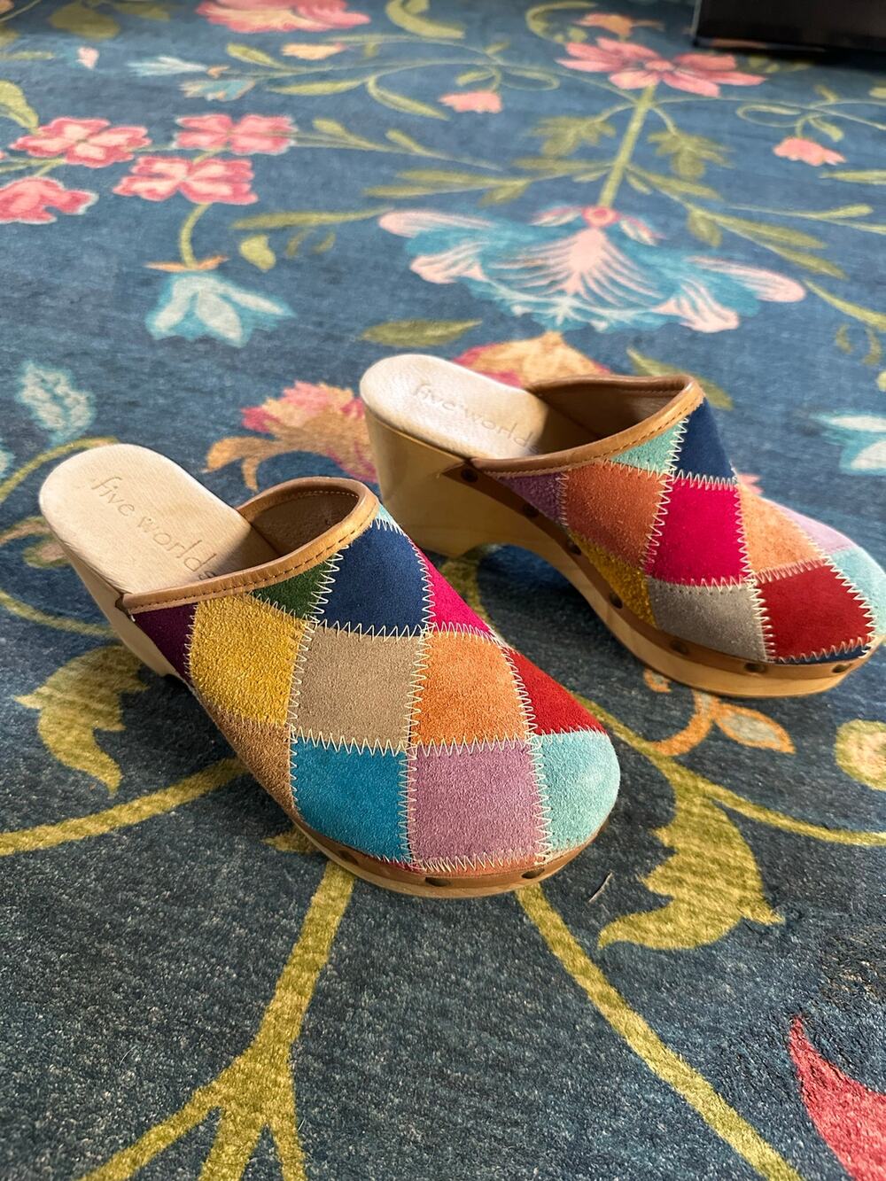 Five Worlds Zorba Patchwork Suede Wooden Clogs Size 9